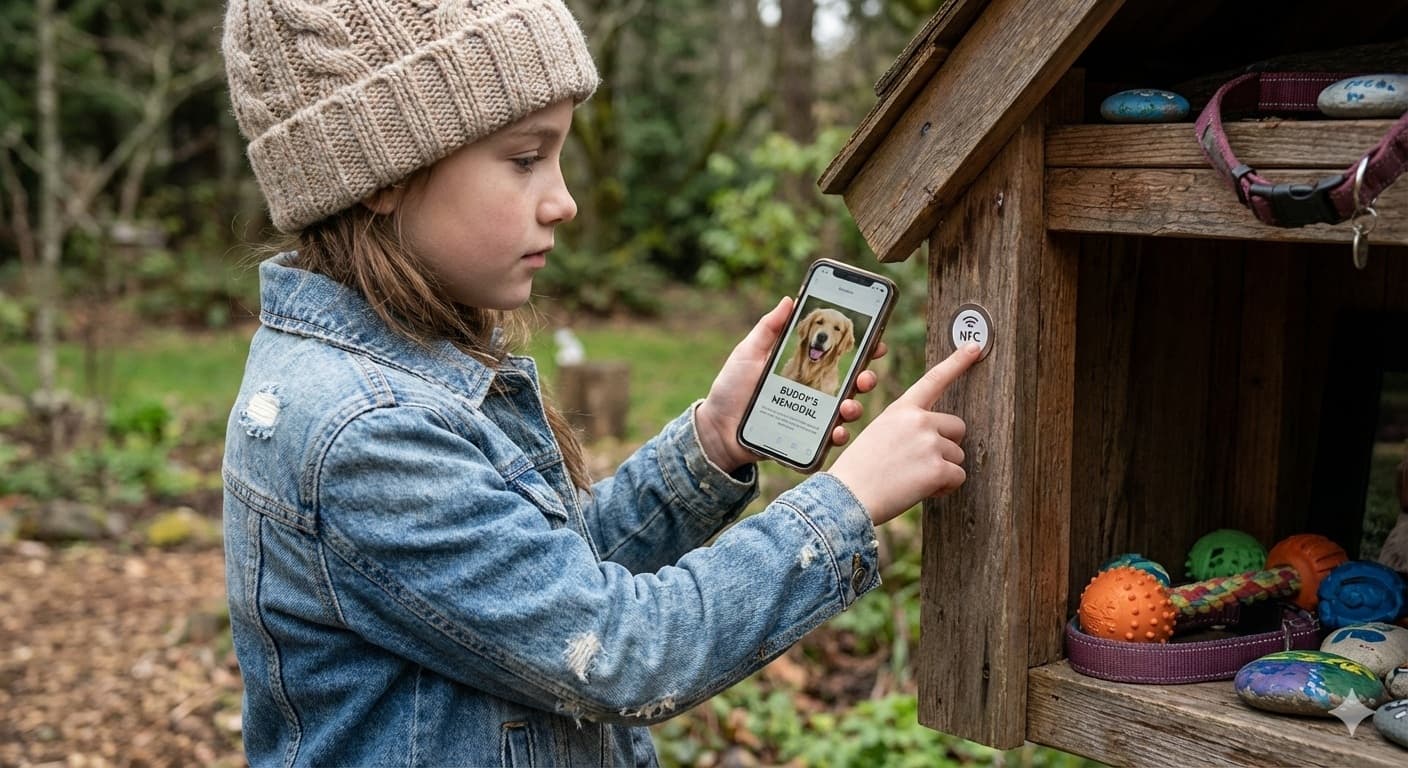 Person scanning NFC tag at pet memorial